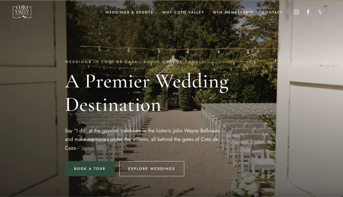 The upgraded Coto Valley Country Club homepage: a full-screen ceremony photo, the headline A Premier Wedding Destination, and Book a Tour and Explore Weddings buttons.