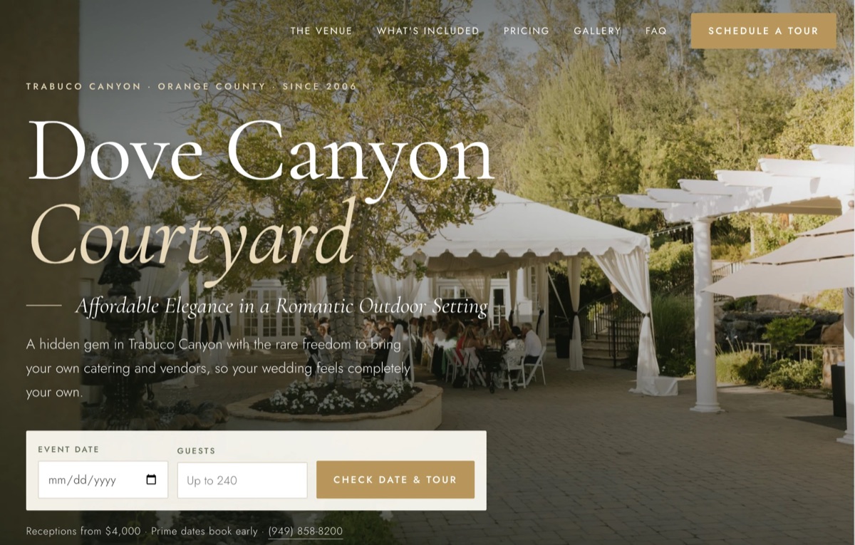 The redesigned Dove Canyon Courtyard homepage: a full-width courtyard photo, large elegant venue name, a short tagline and a date and guest-count booking bar.