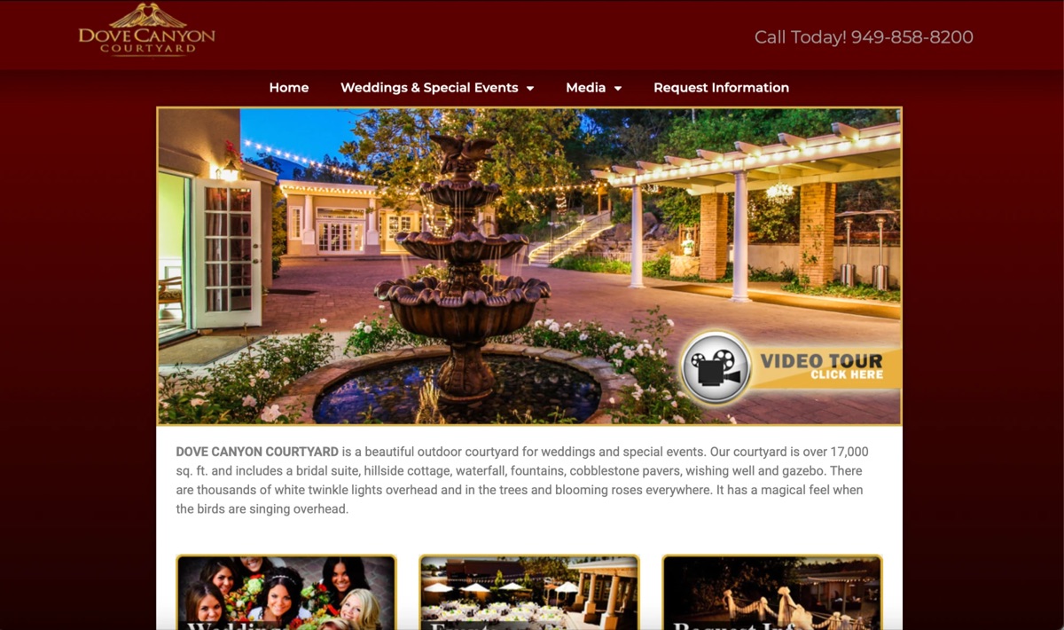 The original Dove Canyon Courtyard homepage: dark red background, small logo, a framed fountain photo and a dense paragraph of text.