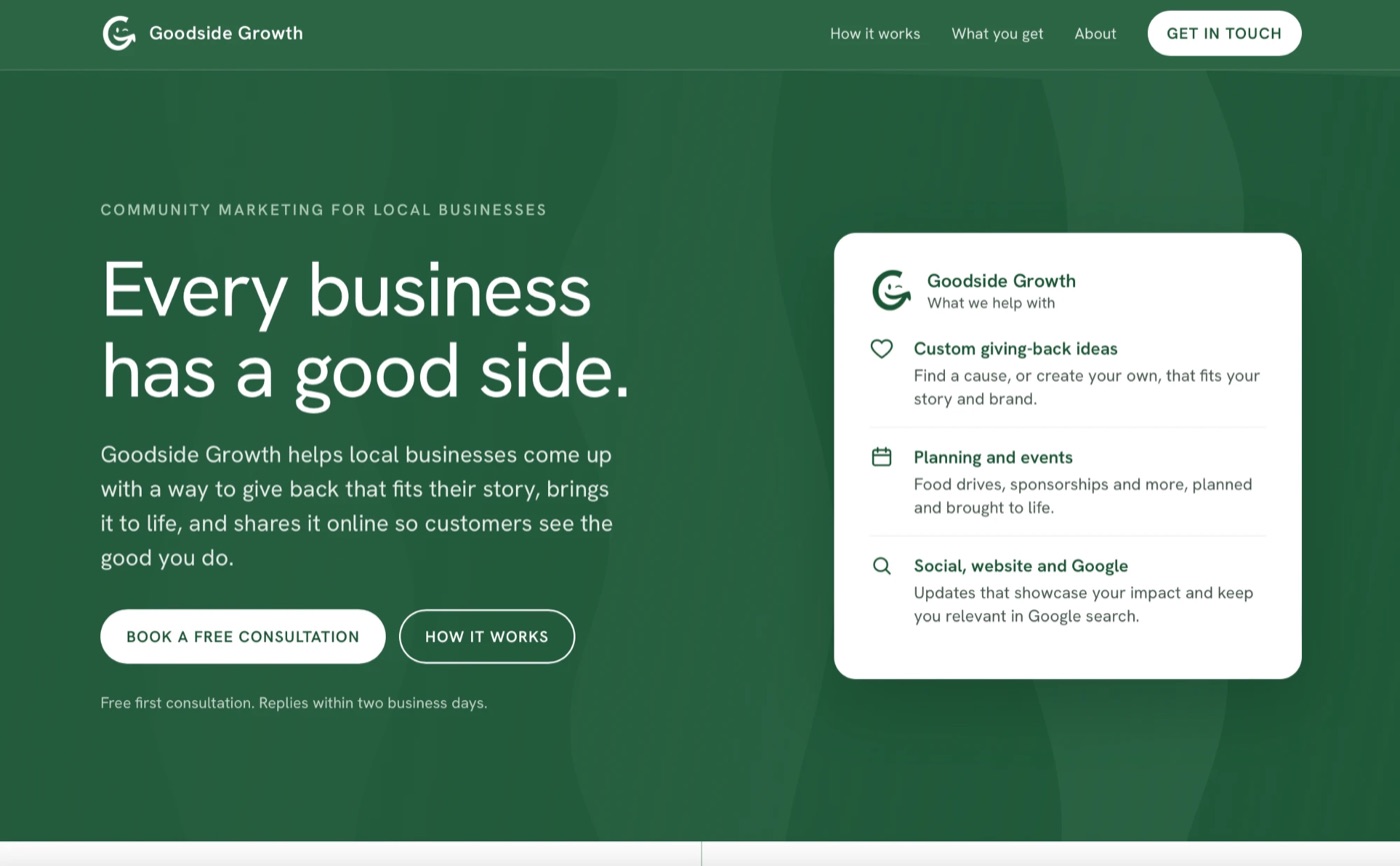 The Goodside Growth homepage: green background, the headline Every business has a good side, two buttons and a white card listing giving-back ideas, planning and events, and social, website and Google updates.